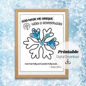 Peut inclure: Impression encadrée avec le texte "GOD MADE ME UNIQUE LIKE A SNOWFLAKE". L'image présente un contour noir d'un flocon de neige rempli de papier bleu. L'impression comprend également le texte "I am fearfully and wonderfully made. - Psalm 139:14."