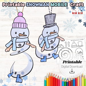 Puede incluir: Manualidad móvil de muñeco de nieve imprimible con dos diseños de muñecos de nieve, uno con gorro rosa y otro con sombrero de copa. Cada muñeco de nieve tiene una bufanda y botas azules. El texto "Printable Snowman Mobile Craft" y "Printable Digital Download".