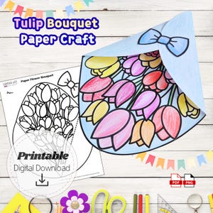 Make a Tulip Bouquet Paper Craft for Kids, DIY Flower Printable Spring Craft Activity, Mother’s Day Coloring Gift, Easy Paper Flower Digital