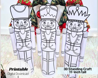 May include: Three white 3D printable nutcracker crafts, each 11-inch tall, are displayed. The crafts are in a line, with the text "3D Printable Nutcracker Craft" at the top. The image also includes the text "Printable Digital Download" and "3D Standing Craft".