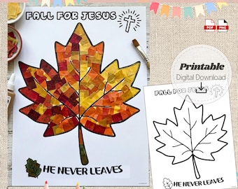 Fall For Jesus He Never Leaves Craft, Autumn Maple Leaf Torn Paper Art, Sunday School Printable Activity, Christian Kids Bible Lesson