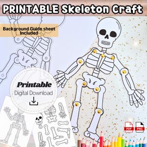 Puede incluir: Un esqueleto imprimible con el texto "PRINTABLE Skeleton Craft" en la parte superior. La imagen incluye un esqueleto completo con articulaciones móviles, una hoja de guía y una opción de descarga digital. El esqueleto es blanco con cierres dorados.