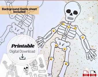 May include: A printable skeleton craft with the text "PRINTABLE Skeleton Craft" at the top. The image includes a complete skeleton with movable joints, a guide sheet, and a digital download option. The skeleton is white with gold fasteners.