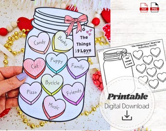 Things I Love Valentine Jar Craft for Kids | Cut and Paste Classroom Valentine Activity | Printable Heart Jar Keepsake PDF