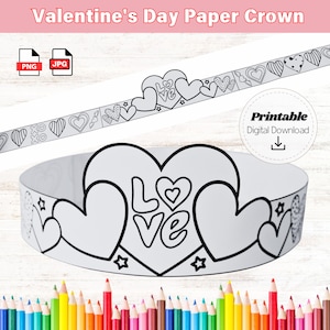 Valentine&#39;s Day Crown Printable Valentines Kids Craft Activity, Love and Hearts Coloring Craft for Kids Digital Download