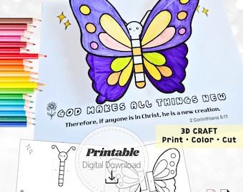 Butterfly Bible Verse Folding Card Craft, 2 Corinthians 5:17 New Creation, Sunday School Activity, Kids Scripture Coloring Bible Craft