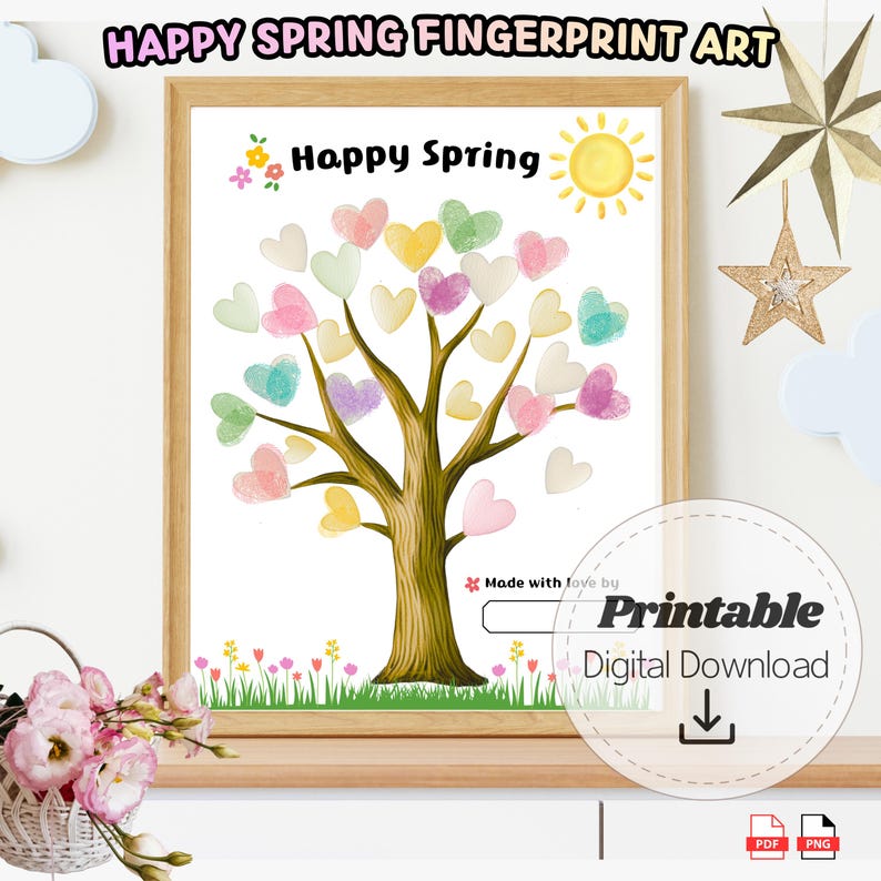 Spring Fingerprint Spring Heart Fingerprint Tree Craft, Happy Spring Thumbprint Art ...