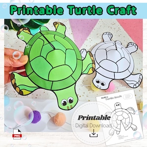 May include: A green and white printable turtle craft. The image shows a completed green turtle craft and a black and white outline version. The text "Printable Turtle Craft" is at the top. The words "Printable Digital Download" are also visible.
