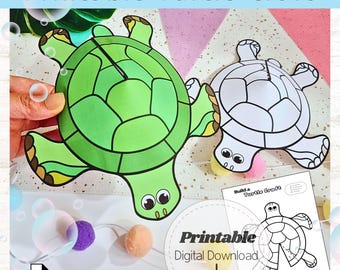 Printable Turtle Craft for Kids | 3D Paper Turtle Cut and Paste Activity | Ocean Animal Coloring Craft | Preschool Fine Motor Project, DIY