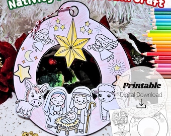 May include: A printable Nativity Scene Wreath Craft with a star, angels, and the Holy Family. The design is in a Christmas ornament shape, with the words "Nativity Scene Wreath Craft" at the top. Includes a PNG file and a digital download.