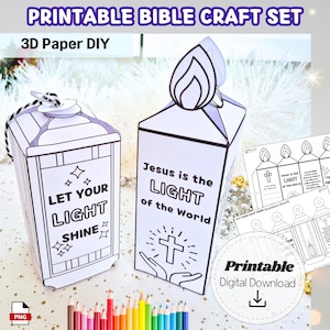 Może przedstawiać: Drukowany zestaw rzemiosła biblijnego z dwiema papierowymi latarniami z napisami „Niech twoje światło świeci” i „Jezus jest światłem świata”. Zestaw zawiera cyfrowe pobieranie i różnorodne kredki.