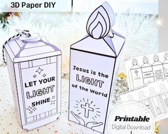 Printable Bible Craft Set, 3D Paper Lantern Light Crafts for Kids, Christian Sunday School Activity Let Your Light Shine, Light of the World