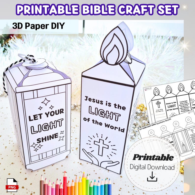 May include: A printable Bible craft set featuring two paper lanterns with the phrases "Let Your Light Shine" and "Jesus is the Light of the World." The set includes a digital download and a variety of colored pencils.