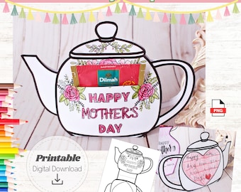 Mother's Day 3D Teapot Card Printable Tea Bag Holder Gift Kids Craft Activity Floral Mom Gift DIY Mother's Day Tea Party Digital Download