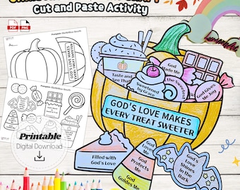 Fall Christian Pumpkin Craft Printable, God's Love Makes Every Treat Sweeter Cut and Paste Activity Sunday School Kids Ministry Bible Lesson