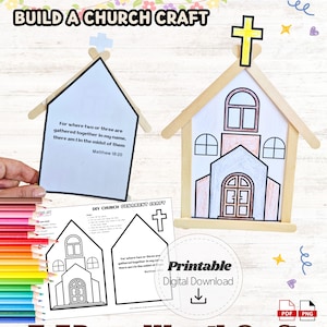 May include: A DIY church craft kit with a printable design. The image shows a completed church ornament made with lolly sticks and a paper cutout. The text on the paper reads "For where two or three are gathered together in my name, there am I in the midst of them Matthew 18:20."