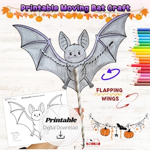 May include: A printable moving bat craft featuring a grey coloured bat with outstretched wings attached to a striped paper straw. The image includes the text Printable Moving Bat Craft, Flapping Wings, and Printable Digital Download with PNG and PDF icons.