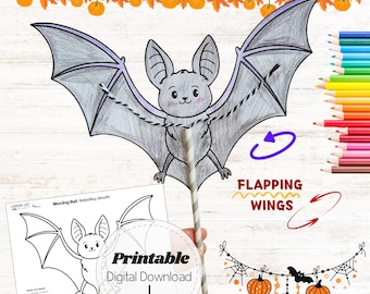 May include: A printable moving bat craft featuring a gray colored bat with outstretched wings attached to a striped paper straw. The image includes the text Printable Moving Bat Craft, Flapping Wings, and Printable Digital Download with PNG and PDF icons.