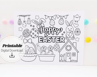 Easter Coloring Page Printable Happy Easter Activity Sheet, Kids Easter Basket Stuffer, DIY Easter Decoration Kids Craft Digital Download