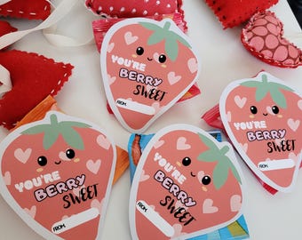 Strawberry Valentine's Day Cards You're Berry Sweet Printable Treat Cards  School Exchange Favor Tags Digital Download