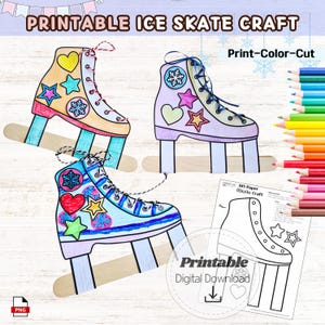 Może przedstawiać: Drukowane rzemiosło łyżwiarskie z trzema ozdobionymi łyżwami z sercami, gwiazdami i płatkami śniegu. Tekst "PRINTABLE ICE SKATE CRAFT" znajduje się na górze. Zawiera instrukcje "Print-Color-Cut". Dostępne do pobrania cyfrowego.