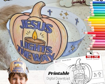 Jesus Lights The Way Pumpkin Crown Craft, Christian Fall Thanksgiving Crown Printable, Sunday School Bible Craft, Jesus Paper Hat PDF