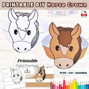 Pu&ograve; includere: Corona di cavallo fai-da-te stampabile. L'immagine mostra due corone di cavallo, una in bianco e nero e l'altra in marrone e beige. Il testo sull'immagine dice "Download digitale stampabile" e "Stampa, taglia, assembla".