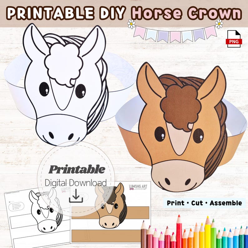 Pu&ograve; includere: Corona di cavallo fai-da-te stampabile. L'immagine mostra due corone di cavallo, una in bianco e nero e l'altra in marrone e beige. Il testo sull'immagine dice "Download digitale stampabile" e "Stampa, taglia, assembla".