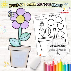 Könnte beinhalten: Ein farbenfrohes Blumen-Ausschneide-Bastelprojekt mit einer Biene und dem Text "Build a Flower Cut Out Craft". Das Bild enthält eine fertige Blumenillustration und eine druckbare Vorlage mit Blumenteilen. Eine Klebstoffflasche und Buntstifte sind ebenfalls vorhanden.