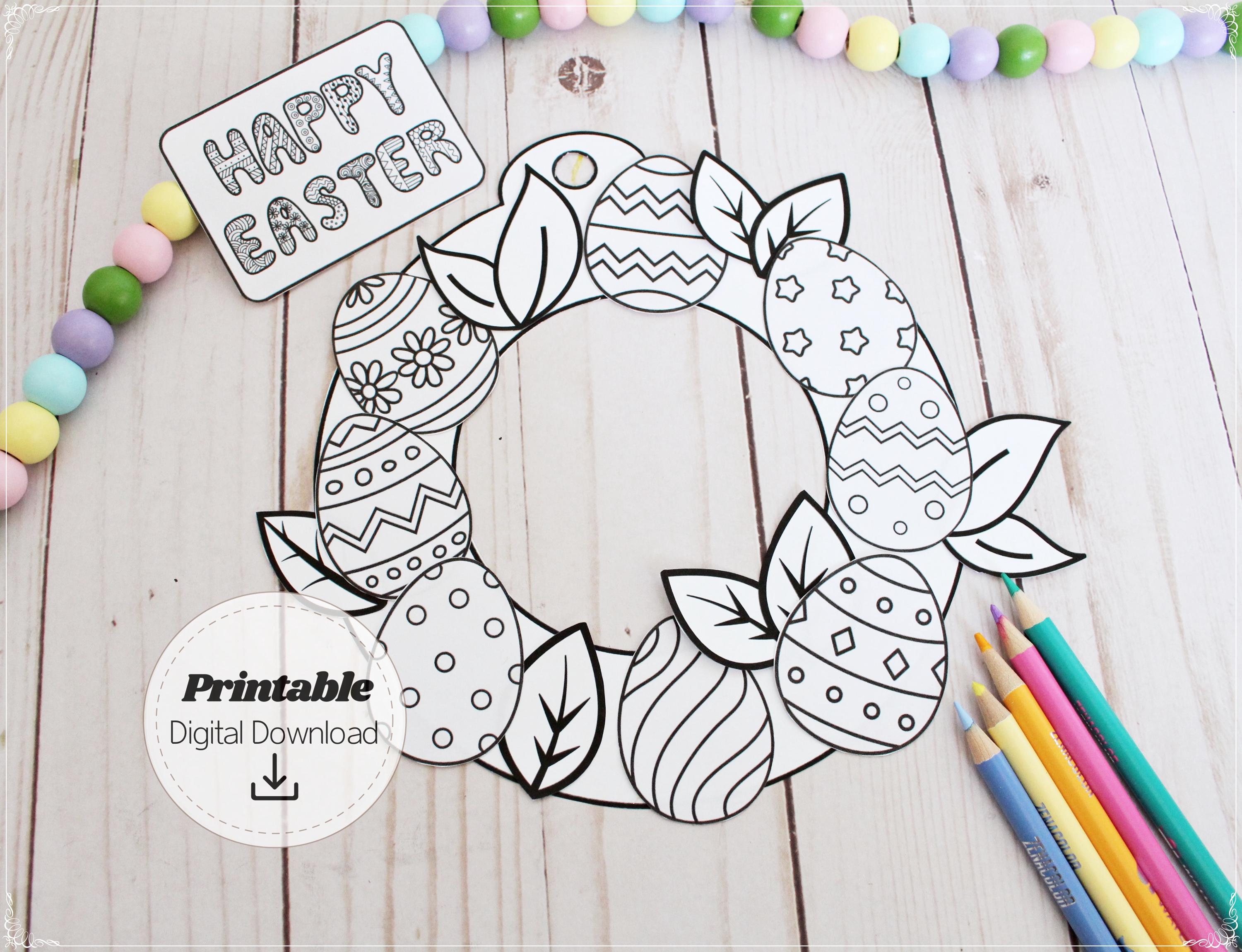 Easter Egg Crafts Printable Activity, Easter Wreath Coloring Egg ...