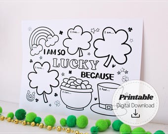 Ik heb geluk omdat.. Werkblad dankbaarheid afdrukbaar St. Patrick's Day-klasactiviteit voor kinderen, DIY kleuren docentenhulpmiddel, INSTANT DOWNLOAD