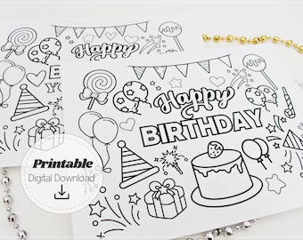 Birthday Coloring Pages Printable, Kids Party Coloring Sheets, Celebration Coloring Page, Birthday Activity Party DIY Digital Download