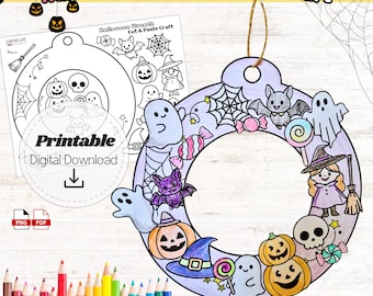 Halloween Wreath Craft, Printable Cut and Paste Paper Wreath, DIY Halloween Coloring Page for Kids, Preschool Classroom Activity Digital PDF