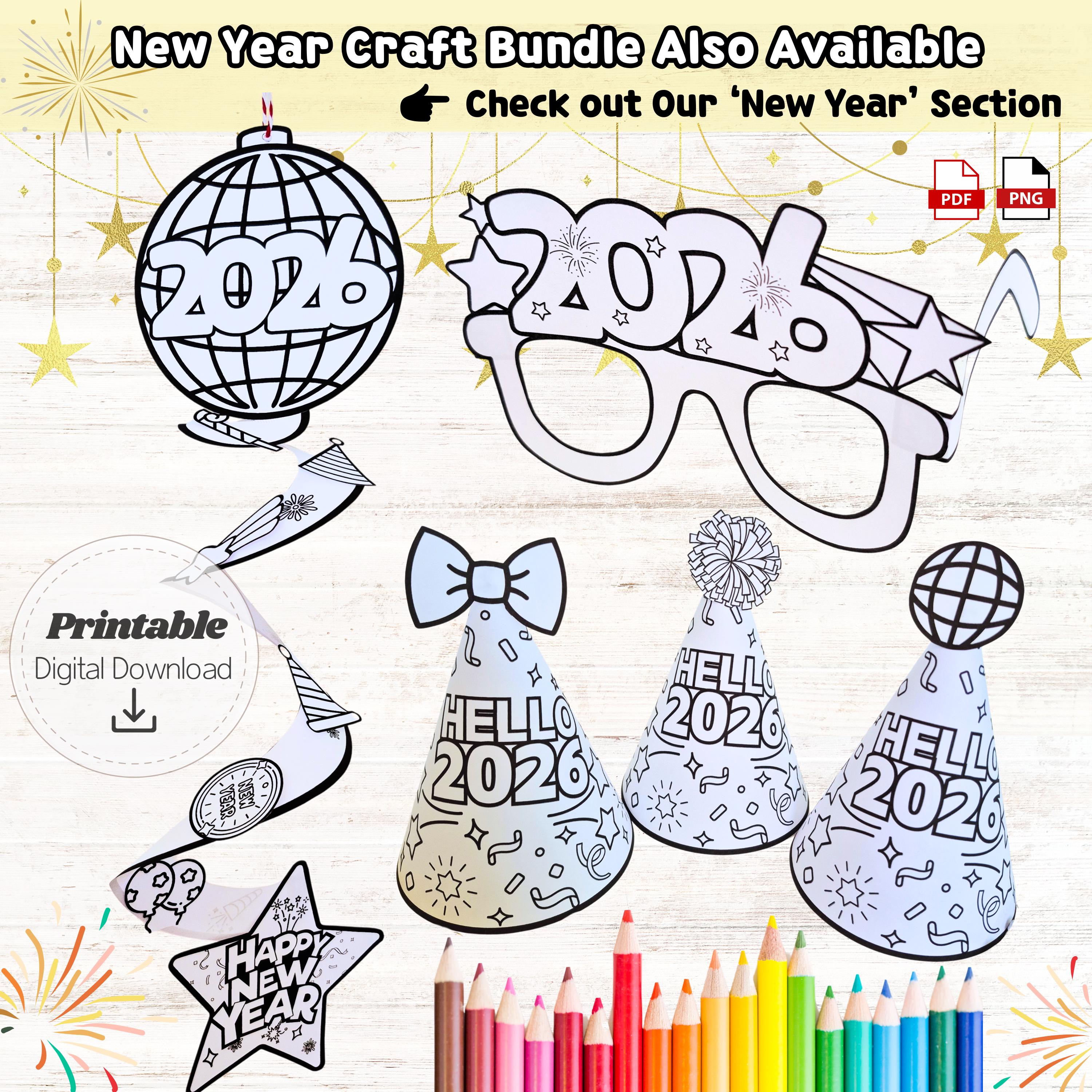 printable new year 2026 cone hat 'hello 2026' easy cutout craft