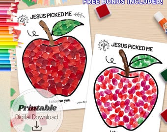 Jesus Picked Me Bible Craft for Kids | Fall Apple Sunday School Activity | Christian Torn Paper Fingerprint Art | Free Bonus Template