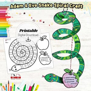 Puede incluir: Una manualidad en espiral de la serpiente de Adán y Eva para imprimir, con una serpiente verde colgada de un hilo con una manzana. La descarga digital incluye una hoja de contornos en blanco y negro con una serpiente enroscada y dos manzanas, una con el texto Romans 3:23.