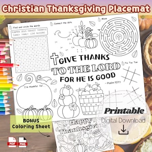 Christian Thanksgiving Placemat Printable, Bible Verse Coloring Activity for Kids Sunday School, Homeschool Fall Game + Bonus Coloring Page