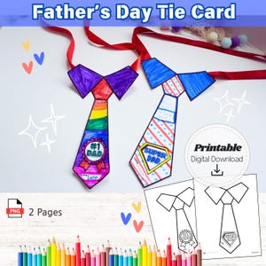 Cartão de gravata para o Dia dos Pais, para imprimir, faça você mesmo, para colorir e recortar, para crianças, presente de gravata de papel, prêmio de melhor pai, cartão de superpai, download instantâneo