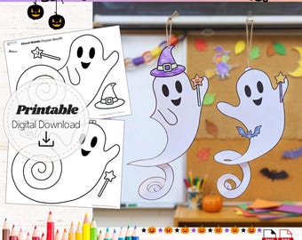 Halloween Ghost Craft for Kids, Printable Halloween Craft, 3D Hanging Ghost Decor, Classroom Craft Activity, Easy Kids Coloring Page PDF