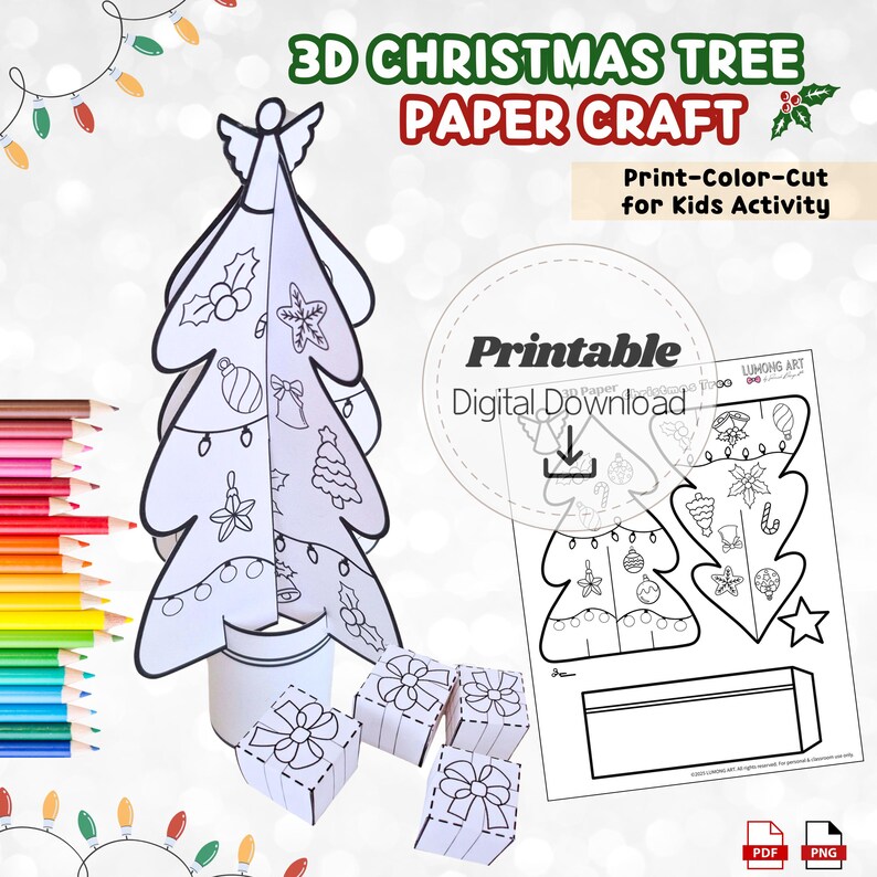 3D Christmas Tree Paper Craft Printable, Kids Holiday Activity to Color ...