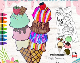 Crea tu propio helado: manualidad imprimible para niños. Manualidad de cono 3D para colorear y recortar. Descarga digital para preescolares.