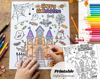 Cute Halloween Coloring Page Printable, Spooky Haunted Castle Coloring Sheet for Kids, Fall Classroom Activity, Toddler Digital Download