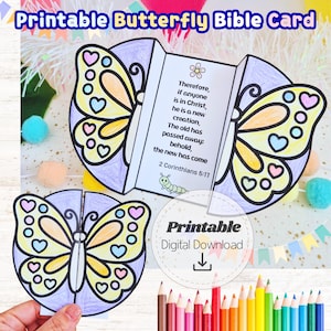 Printable Butterfly Bible Craft for Kids, 2 Corinthians 5:17 New Creation Activity, Sunday School VBS Christian Coloring Card PDF Download