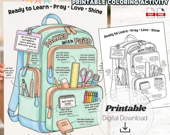 Packed With Faith Coloring Page, Christian Back to School Printable, Kids Bible Activity Sheet, Sunday School Worksheet, First Day of School