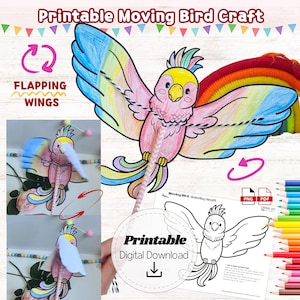 May include: A printable moving bird craft featuring a colorful parrot with flapping wings. The design includes a black and white template, a finished colored version, and instructions. Text includes Printable Moving Bird Craft, Flapping Wings, and Printable Digital Download.