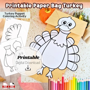 Può includere: Un lavoretto di tacchino con sacchetto di carta stampabile con il testo "Printable Paper Bag Turkey" e "Turkey Puppet Coloring Activity". L'immagine include un contorno di tacchino, pagine da colorare e matite colorate.