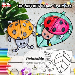 Puede incluir: Un juego de manualidades de papel de mariquita 3D con descarga digital imprimible. La imagen muestra dos mariquitas coloridas, una naranja y otra roja, con lunares negros. El juego incluye una hoja y un contorno de mariquita para colorear.