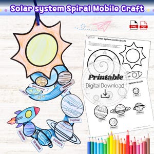 May include: A colorful solar system spiral mobile craft with planets, a rocket, and the sun. The mobile includes the planets Mercury, Venus, Earth, Mars, Jupiter, Saturn, Uranus, and Neptune. A printable digital download is also shown.