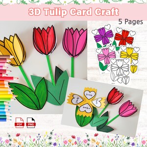 3D tulpenkaart ambachtelijke afdrukbare lentebloem sjabloon Moederdag kaart activiteit kinderen ambacht lente DIY kaart 5 pagina's pdf, png digitale download