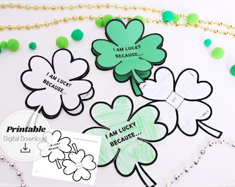 Shamrock Craft Afdrukbaar klapboeksjabloon 'I am Lucky because...' Werkblad St. Patrick's Day voor kinderen DIY-activiteit klaslokaal, digitaal DOWNLOAD